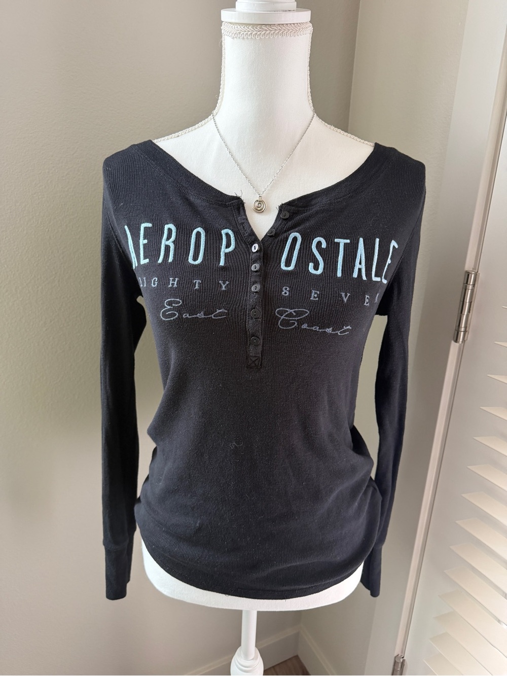 Aeropostale Black Long-Sleeve Henley with Light Blue Logo